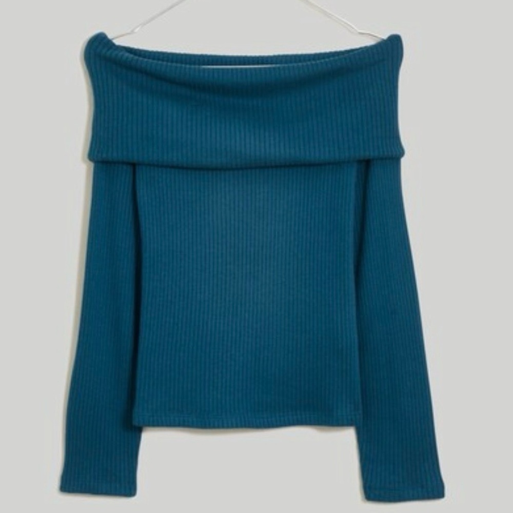 Madewell Ribbed Off-the-Shoulder Top, Teal Blue, Long Sleeve, Soft, Size Large,
